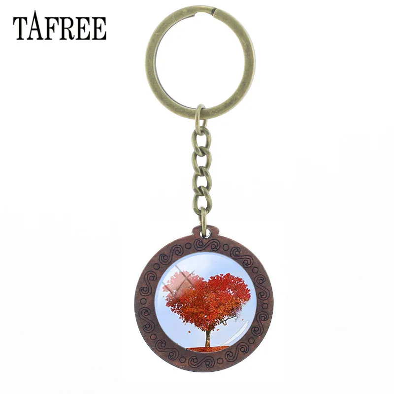 

TAFREE New Round Wooden Tree Of Life Key Chain DIY Customized Love Heart Tree Picture Cabochon Wood Keychains Pendant B751