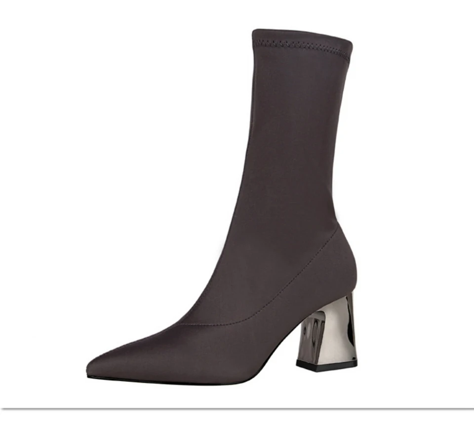 Plardin/зимние сапоги до середины икры в сдержанном стиле женская обувь модные женские зимние сапоги из эластичной ткани на тонком каблуке с острым носком и квадратным каблуком