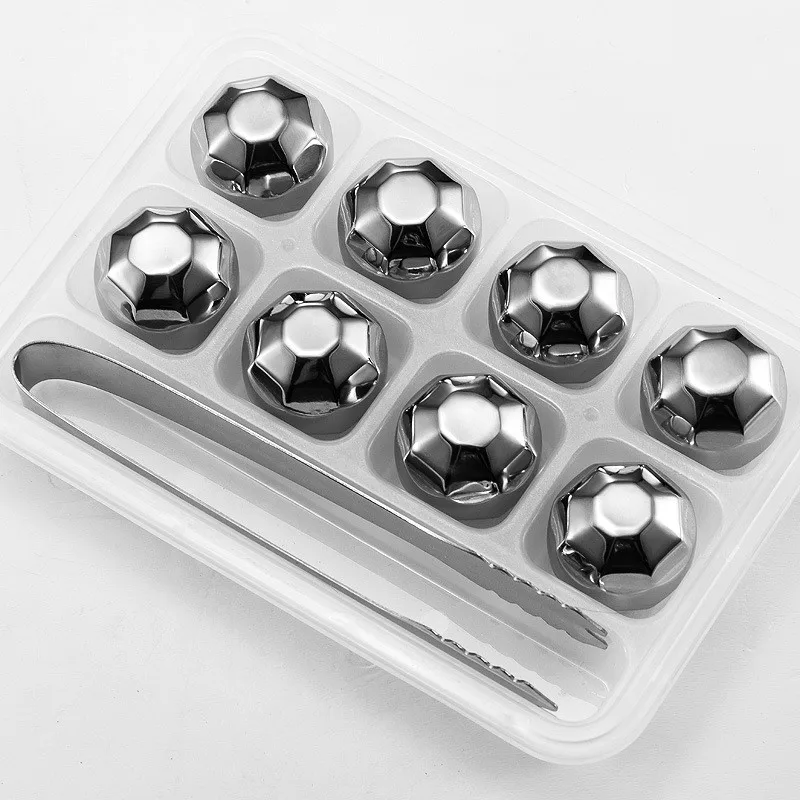 8pc Set Stainless Steel Whisky Ice Block Recyclable Wine Ice Cube Creative Wine Cooler with Clip Beer Ice Coffee Cooler Bar Tool