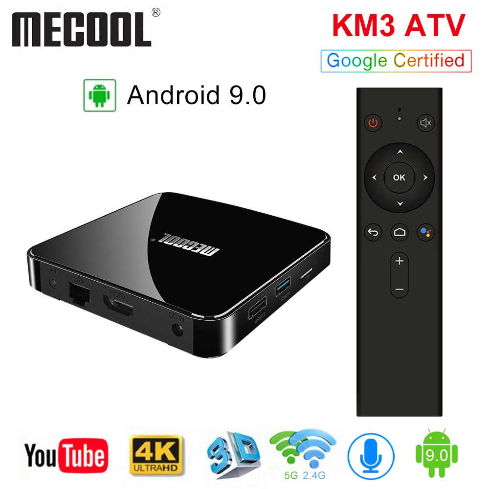 

MECOOL KM3 ATV Android tv 9.0 Google Certified Android 9.0 TV Box 4GB 64GB Amlogic S905X2 4K 2.4G 5G Dual Wifi BT4.1 Set Top Box