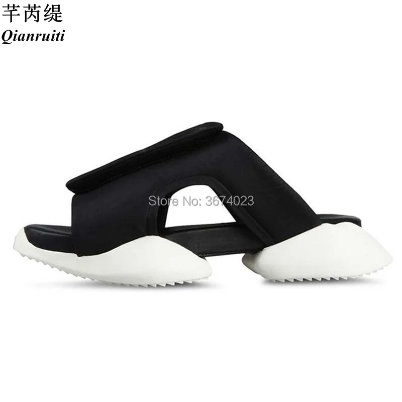 

Qianruiti Summer Sport Slippers Women Hoof Heels Black Red Floral Casual Mules Slip on Satin platforms Rome Leisure Sandals