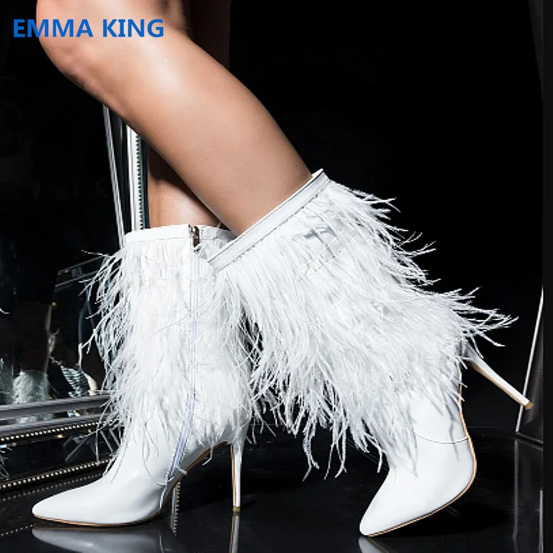 

Spring Autumn Solid Feather Designer Women Mid-Calf Boots Pointed Toe Stilettos Fashion Ladies Shoes Side Zipper High Heel Boots
