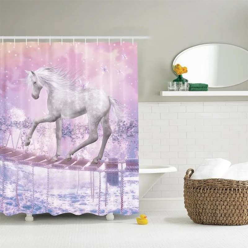 

Pink Magical Horse Fabric Shower Curtain Mythical Butterflies Fairy Tub Decor Bath Mat