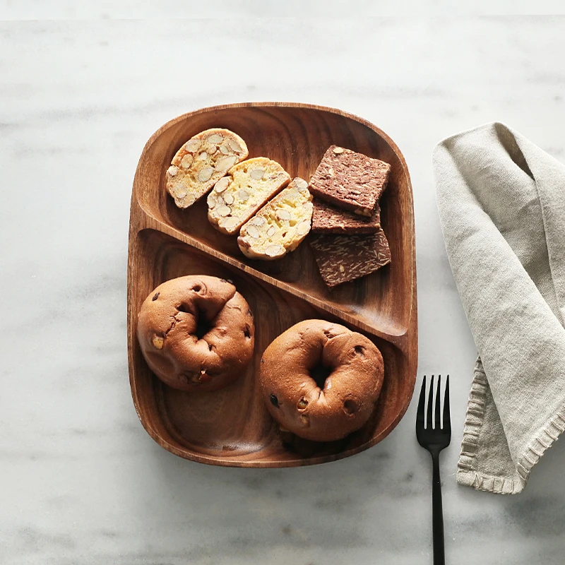 

Wooden Breakfast Plate Japan Style Oval Shape 2 Slots Serving Trays Eco Natural Wood Snacks/Dessert/Fruits Plate Tableware