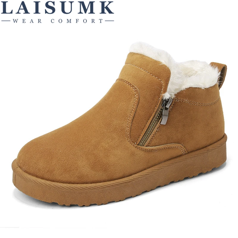 

LAISUMK Plush Warm Ankle Boots Men Snow Boots Solid Color Slip-on Shoes Tound toe Flat Winter Shoes Dropshipping