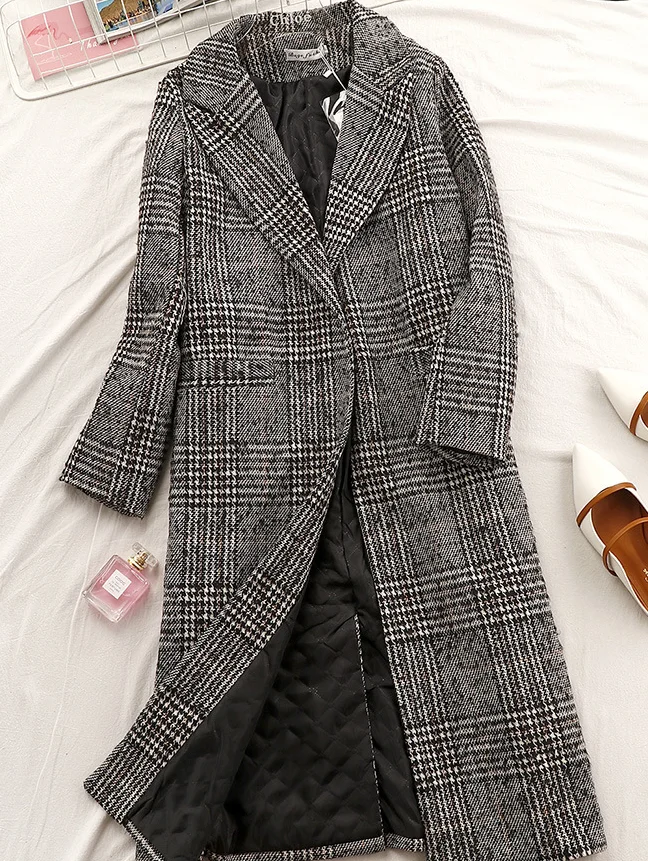 

Winter Woolen Houndstooth Coats Women 2018 Spring Winter Wool Blend Long Coat Jacket Students Fashion Gray Lattice Overcoats