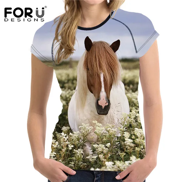FORUDESIGNS/Винтаж для женщин Летняя Базовая футболка 3D лошадь животных Женские топы повседневное с короткими рукавами женские рубашки для девочек женс - Цвет: C659BV