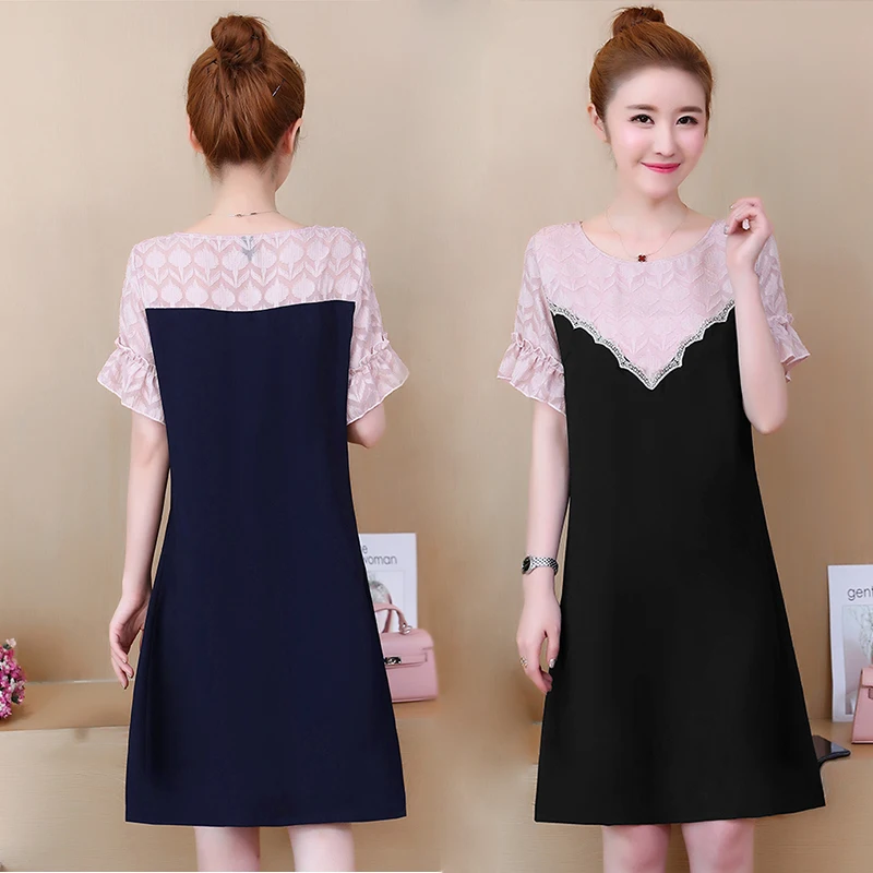 

2019 Casual Loose Dress Women Summer Plus Size 5XL Lace Stitching High Waist Short Sleeve Dress Mujer Vestidos hl510