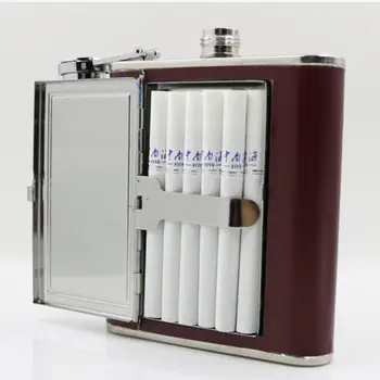 

Free Shipping Cool Stainless Steel and Leather Alcohol Flask with Compartment/Cigarette Case Drinking Flask for Liquor and Smoke