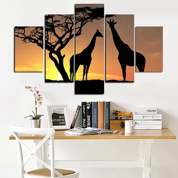 Cuadro de lienzo moderno con dibujo de jirafa al atardecer, pintura de animales, decoración de pared Modular para sala de estar, sofá, Cuadros, 5 paneles