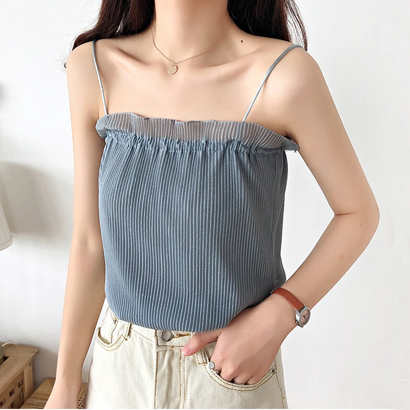 

2019 White Black Crop Top Camisole Cami Women Summer Beach Ruffles Chiffon Tank Tops Female Streetwear Fashion Sexy underwear