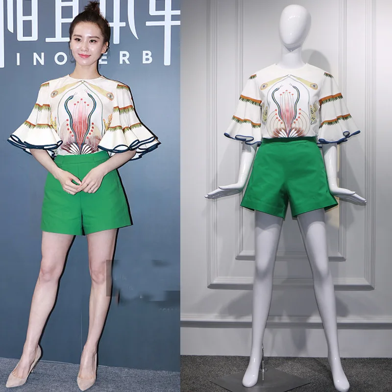 

Spring 2019 Same Style Positioning Printing Large Horn Lotus Leaf Sleeve Woman O-Neck Print Woman Clothes Shirt Women
