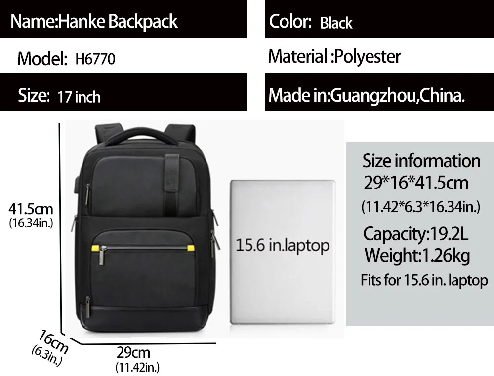 Hanke многофункциональный мужской рюкзак для ноутбука 15," 17" Мужской Бизнес Рюкзак Школьная Сумка Водонепроницаемый рюкзак для путешествий RFID USB H6770