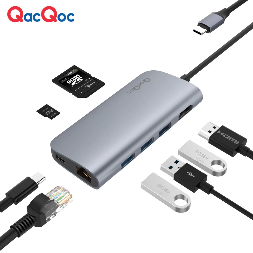 

QacQoc GN30E Aluminium USB C Hub with 3 USB 3.0 Port 4K HDMI Card Reader RJ45 Port Type-C Power delivery for Macbook/pro adapter