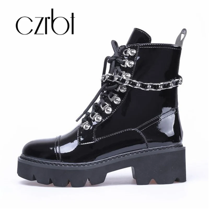 

czrbt 2018 Leather round head middle heel zipper martin boots handsome thick heel mid-Calf barrel women boots non-slip boots