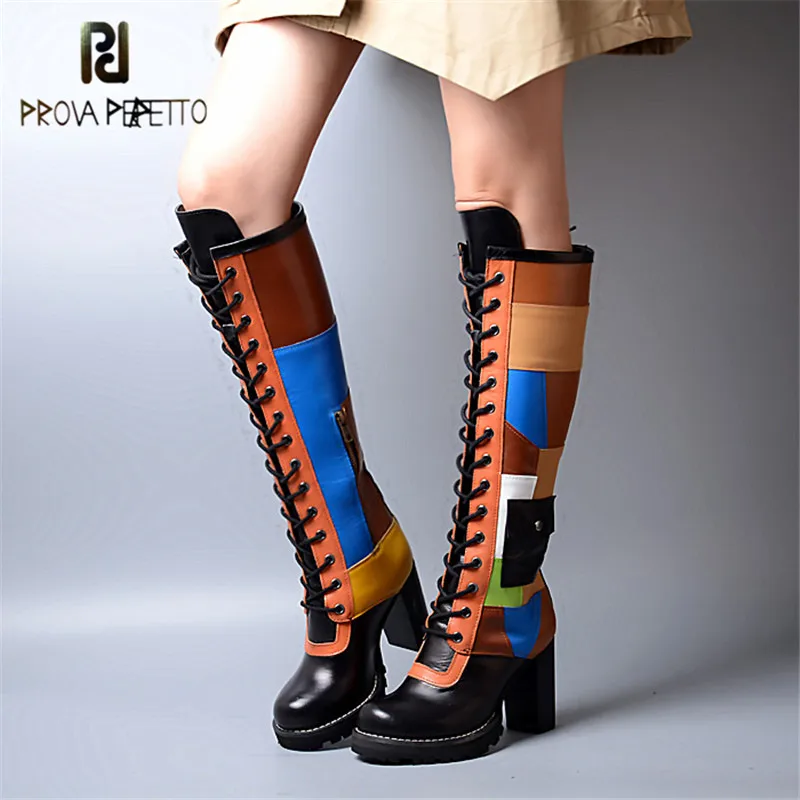 

Prova Perfetto 2018 Top Quality Thigh Highs Colorful Look Thin Knee High Boots Mixed Colors Round Toe with Platform Long Boots