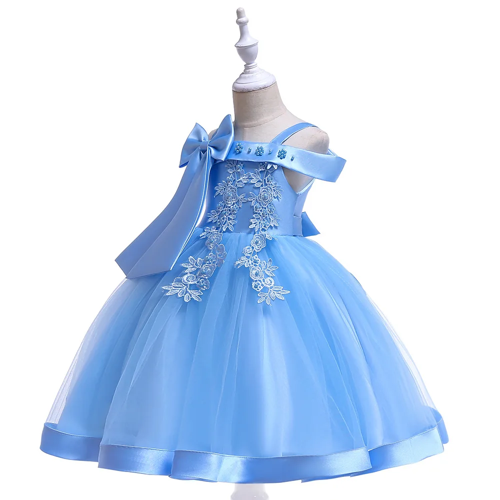 Г. детское милое платье принцессы с большим бантом и открытыми плечами для девочек, модные летние детские Платья с цветочным принтом для девочек на свадьбу - Цвет: L5081skyblue