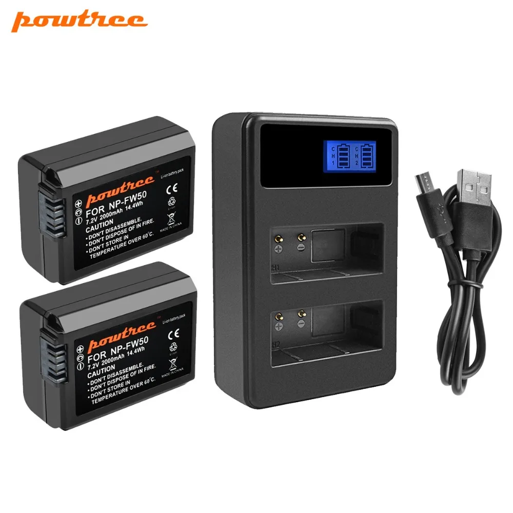 Powtree для sony 2 шт. 2000 мАч 7 в NP FW50 NPFW50 Аккумулятор камеры Akku + ЖК дисплей двойное