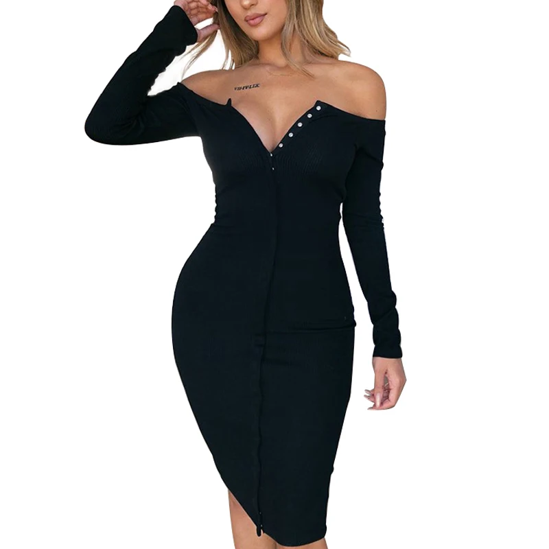 

NORMOV Autumn Women Dress Solid Slash Neck Long Sleeve With Button Knee Length Polyester Knitted Dress Office Lady