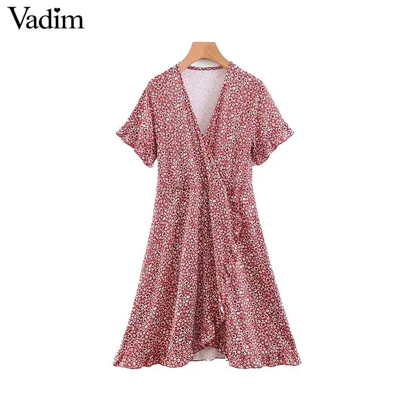 

Vadim women sweet floral print V neck mini dress ruffled short sleeve elegant female casual A line wrap dress vestidos QB668