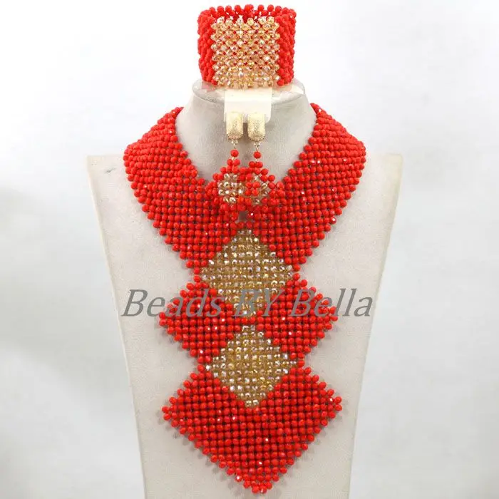 Яркие красные стеклянные бусины эффектное ожерелье для женщин костюм нигерийские Свадебные африканские бусины комплект ювелирных изделий ABK889