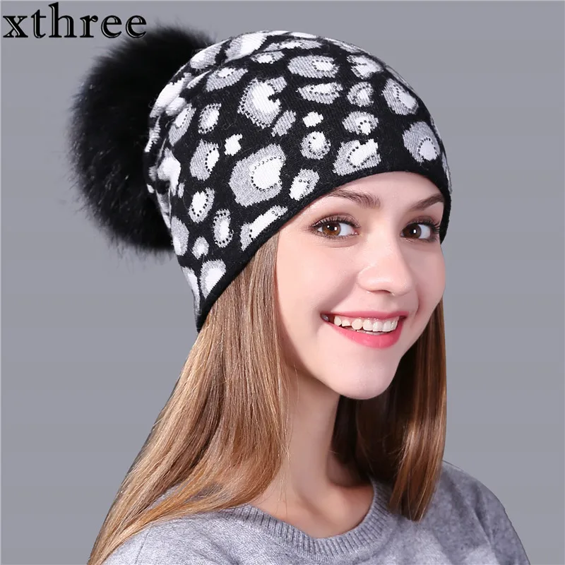 

Xthree 2017 Leopard Print Knitted Winter Hat for Women Beanie Skullies Real Fur Pom Wool Gorros Female Cap