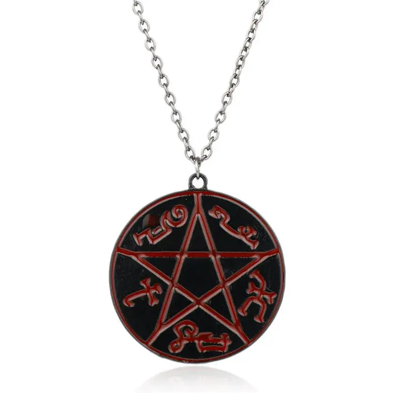 

HANCHANG Supernatural Protection Rune Dean Red Pentagram Pentacle Pendant Necklace Enamel Women Men Cosplay Christmas Gift