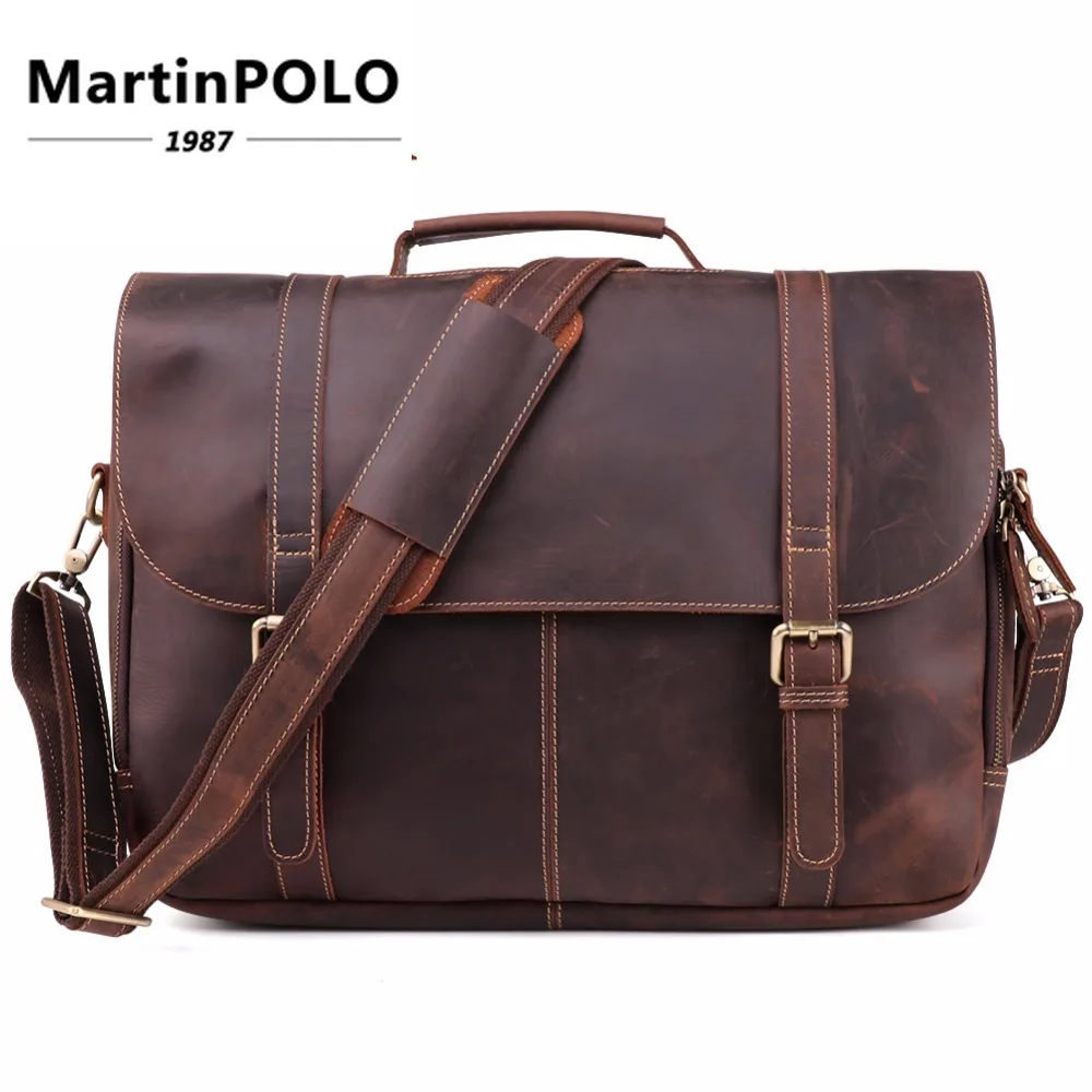 

Crazy Horse Leather Men's Briefcase Laptop Bag Business Bag Vintage Genuine Leather Briefcase Men Shoulder Bag Handbag Male 2019
