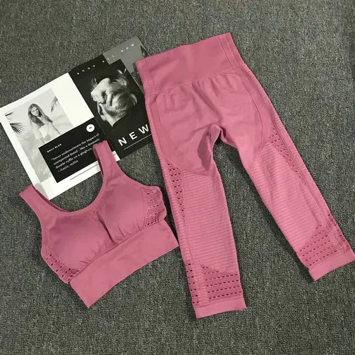 Pink Комплект из 2 предметов для йоги, бюстгальтер с бретельками+ эластичные бесшовные Капри с высокой талией, женская одежда для спортзала и тренировок, спортивный костюм, Леггинсы для йоги, штаны, спортивный костюм - Цвет: Pink