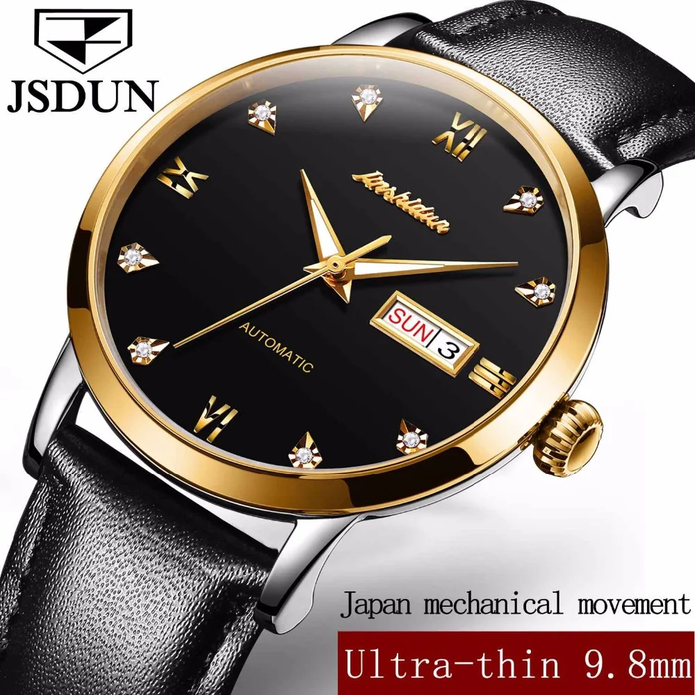 

JSDUN Cool Men Mechanical Watches Business Male Clock Luxury Gold Case Leather Band Watch Date and Day Automatic Wristwatch 8817