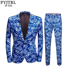 ¡Nuevo! trajes de corte entallado PYJTRL con estampado Floral azul Vintage para hombre, pantalones de talla grande 5XL, traje de boda para novio