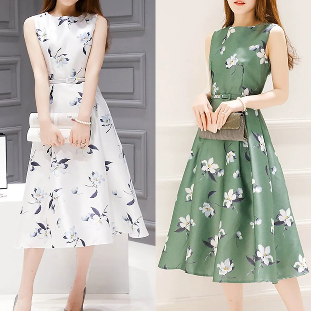 

Summer Women Elegant White Floral Sleeveless Women Dress Vintage Office Party Mid A-line Dress Vestidos de festa#J30