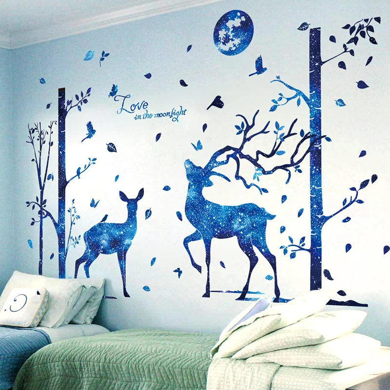 

[SHIJUEHEZI] Blue Moon Deer Trees Wall Stickers for Kids Room Baby Bedroom Decoration PVC Material DIY Cartoon Mural Decals