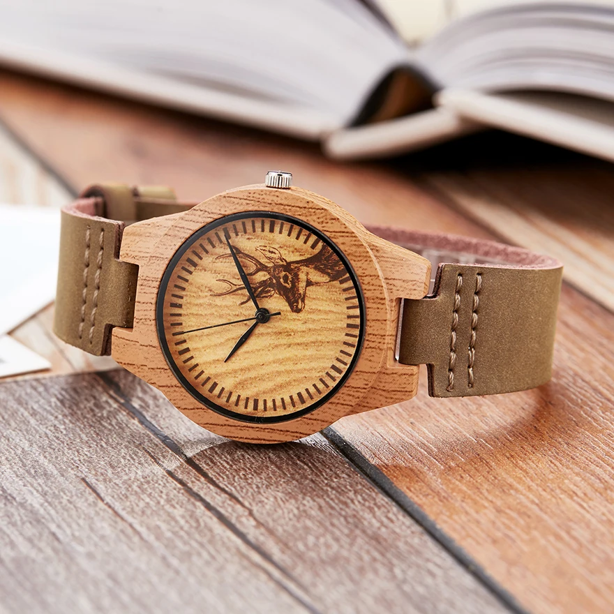 Reloj de madera de imitación de ciervo para hombre y mujer, cronógrafo de pulsera de cuarzo, de acrílico, pareja - Imagen 4