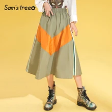 Женская юбка до середины икры, для молодых девушек, v-образный вырез, оранжевая, волнистая форма, контрастная юбка, трапециевидная эластичная талия, Повседневная Яркая юбка из ткани