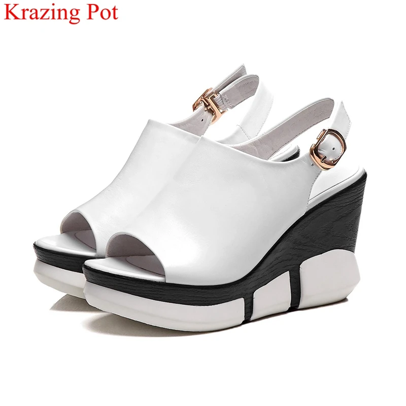 

2019 peep toe cow leather wedges super high women sandals sweet office lady nightclub brand buckle platform summer shoes L3f1