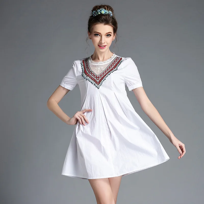 

S-3XL 4XL 5XL Plus Size 2017 Summer Style White 100% Cotton Dress Women Ethnic Beading Short Sleeve Loose A-line Short Dresses