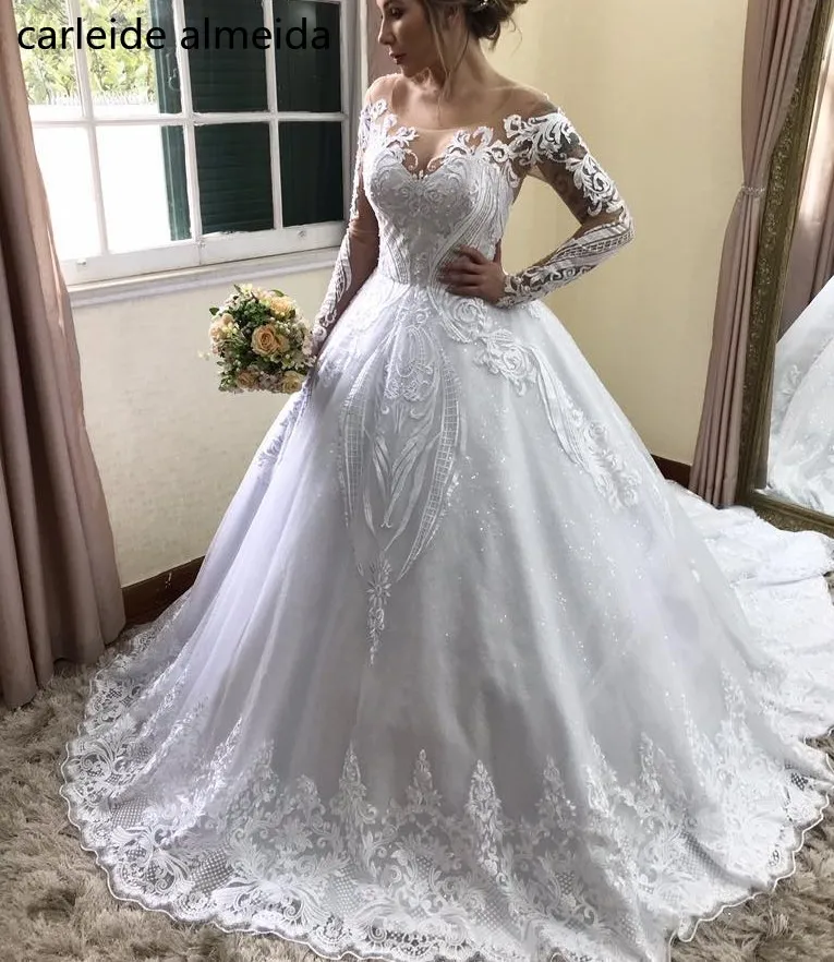 Vestido de noiva бальное платье с длинными рукавами свадебное платье уникальные кружевные аппликации роскошное платье невесты