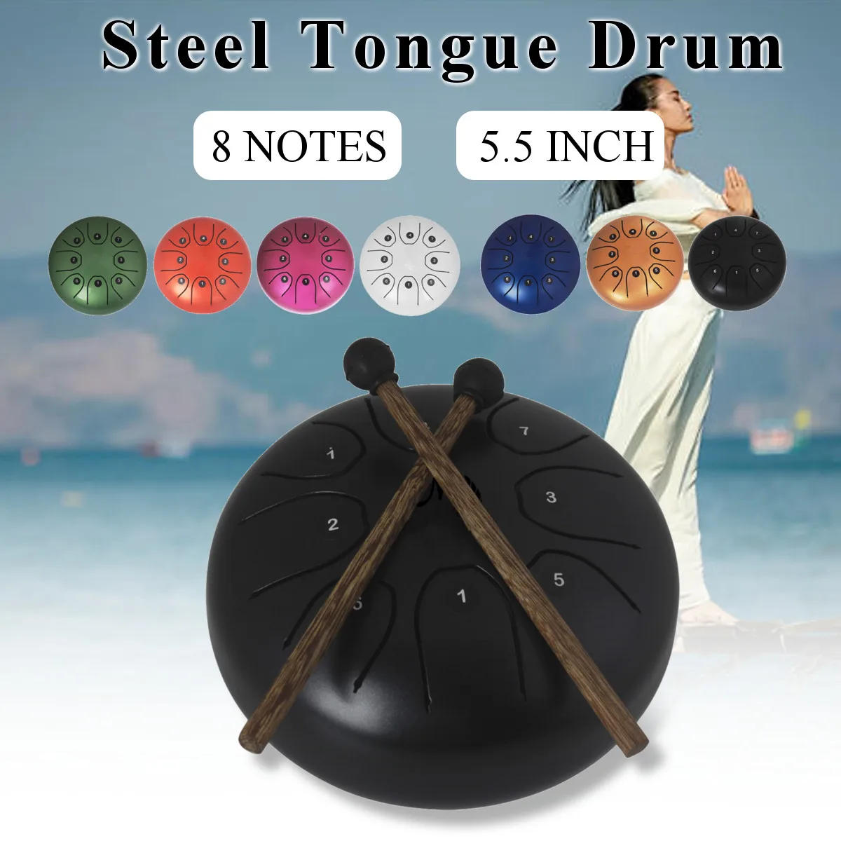 

5.5'' Steel Tongue Drum Handpan D Major 8 Notes with C D E F G A B C Notes Hand Tank Drum + Drum Stick and Storage Bag Kid Gifts