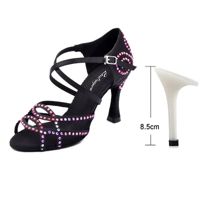 Ladingwu/Новинка; обувь для танцев из шелкового атласа; женская обувь для латинских танцев; цветные стразы; Обувь для бальных танцев; обувь для сальсы; профессиональная обувь; zapatos de muj - Цвет: Black 8.5cm