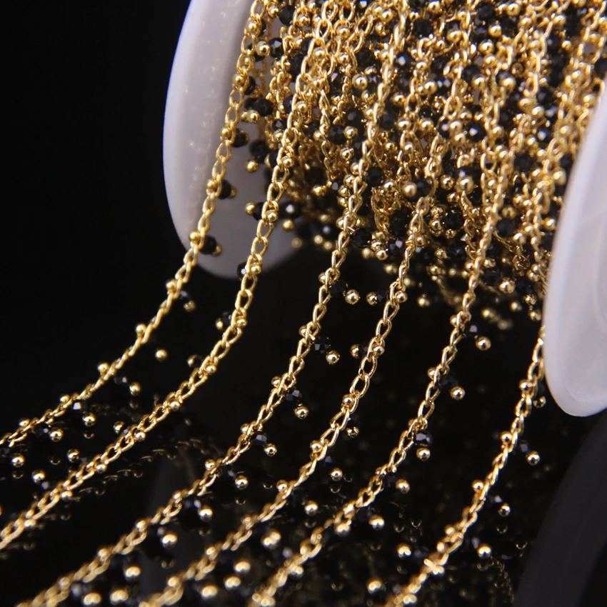 

5Meter 2mm Black Glass Faceted Round Beads Rosary Chain,With Gold Color Barss Wire Wrapped Chain DIY Bracelet Necklace Chains