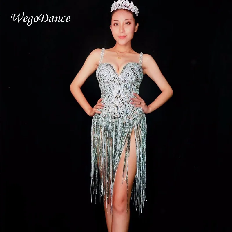 

New Women Sparkly Shining Silver Crystals Bodysuit See Through Birthday Celebrate Mesh Outfit Party Costume