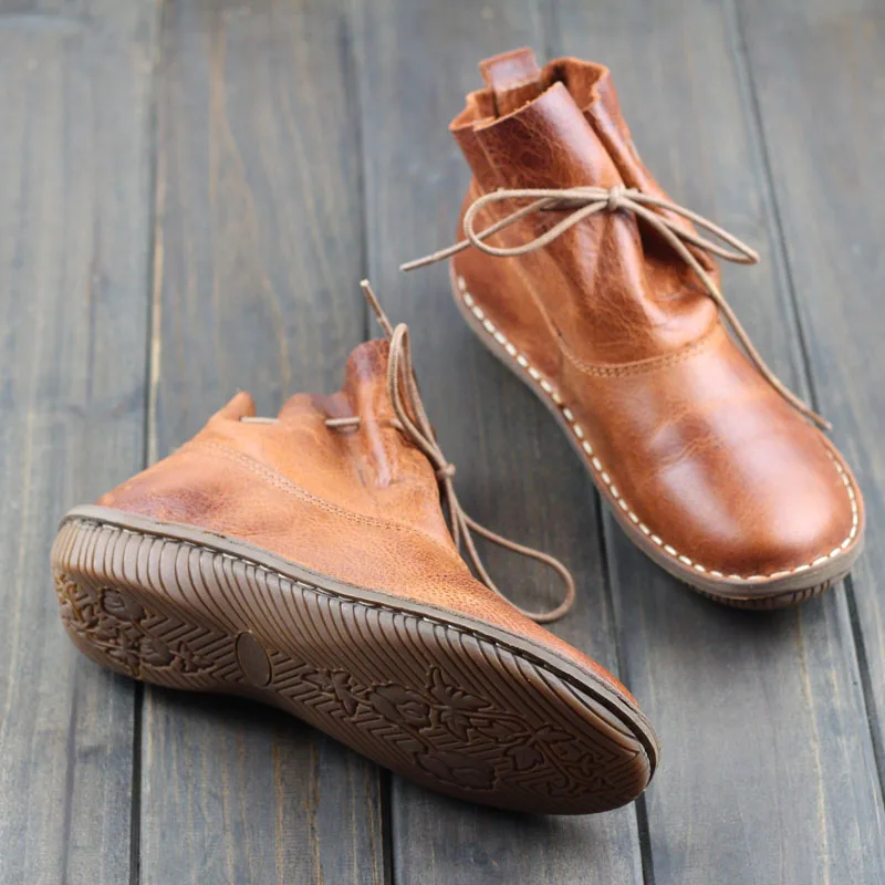 Cuero Marrón Slip Mujer Gneuine Calzado De Redonda Zapatos Punta Botas Damas Tobillo En Conducción zvXxwOq5w