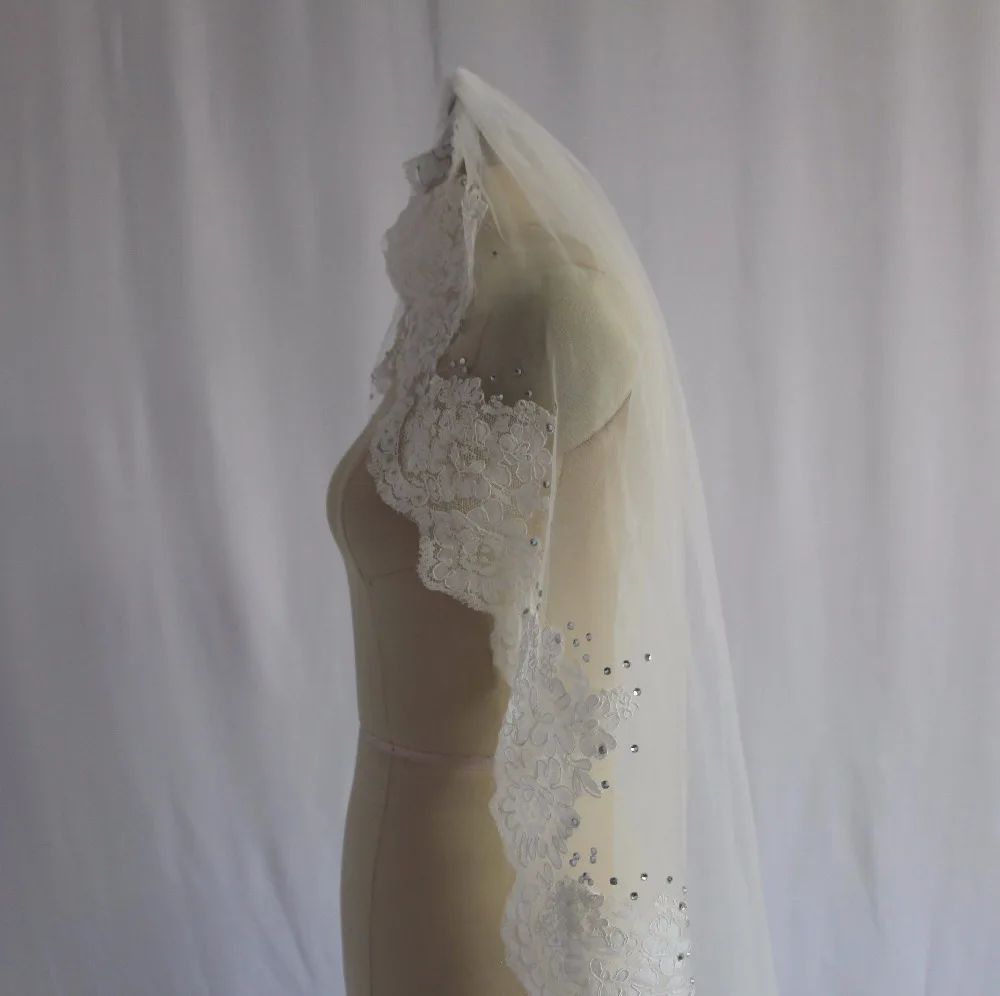 Модная Однослойная кружевная короткая свадебная фата с кристаллами|short wedding