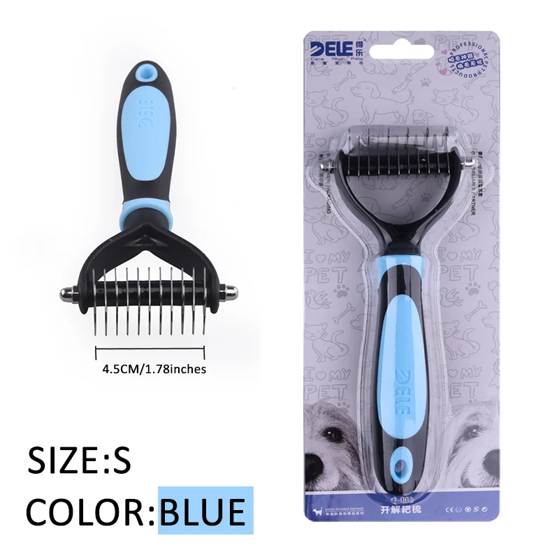 BLUE-S Расческа для удаления волос для собак кошка Detangler меховая отделка Dematting desheding уход за щеткой инструмент для матированных длинных волос кудрявый питомец - Цвет: BLUE-S
