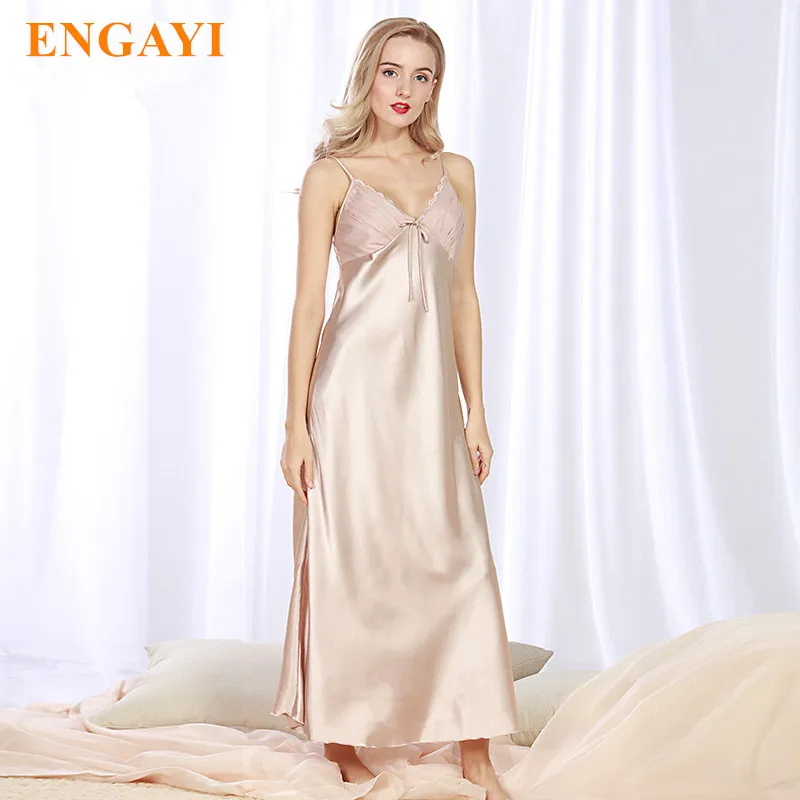 

ENGAYI Brand Long Women Summer Night Dress Plus Size Sexy Lace Nightgown Silk Satin Nightdress Night Gown Nightwear CQ311