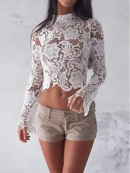

Fashion Women Blouse Lace Long Sleeve Ladies Shirt Casual Loose Shirt Tops