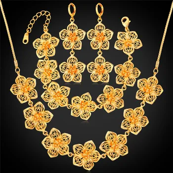 

Flower Necklace Bracelet Earrings Set For Women Vintage Gold Color Charms Bridal Jewelry Sets NEH1112