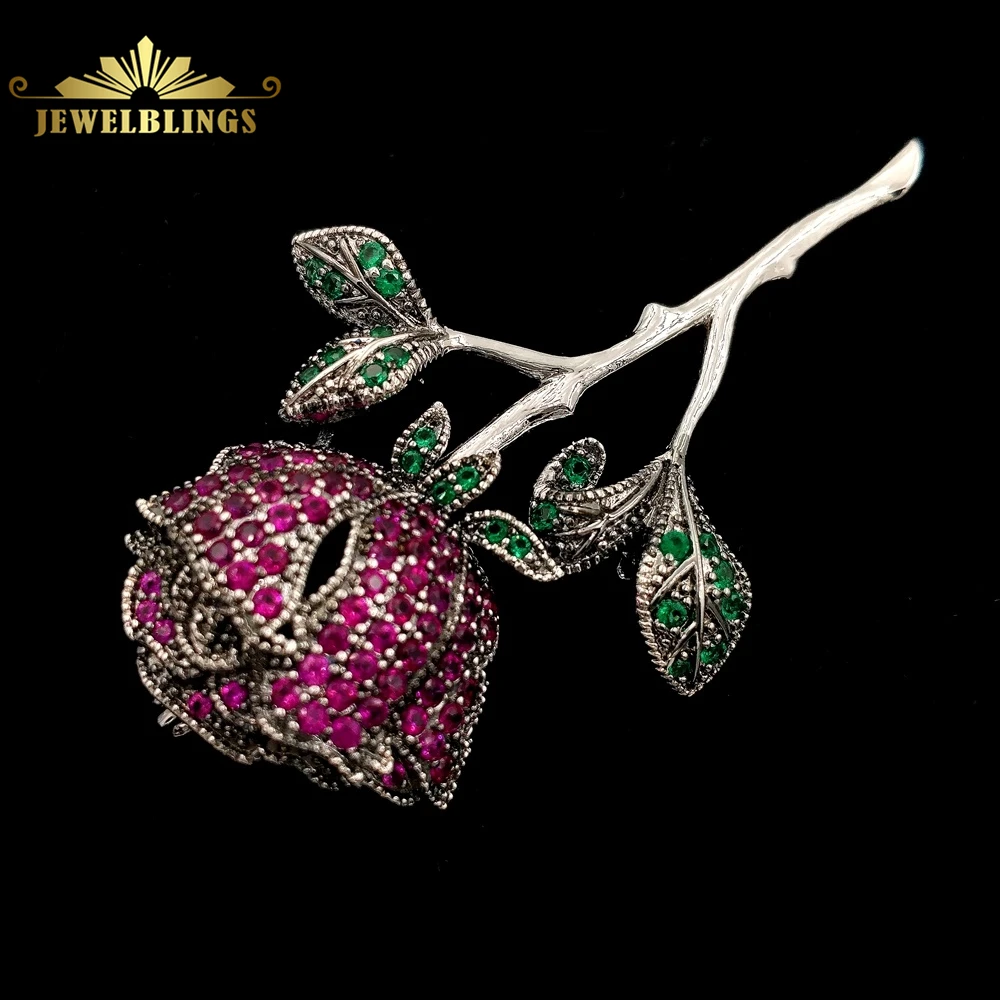 

Valentine Day Gifts Exquisite Micro Pave CZ Red Rose Brooches Silver Tone Long Stem Green Leaf Ornate Rose Flower Pins for Her