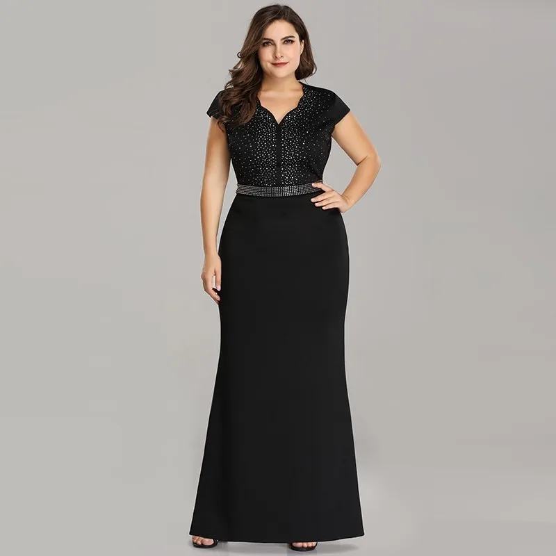 Black Черные вечерние платья размера плюс Ever Pretty EZ07623 элегантные длинные вечерние платья с v-образным вырезом и бусинами для свадебной вечеринки - Цвет: Black
